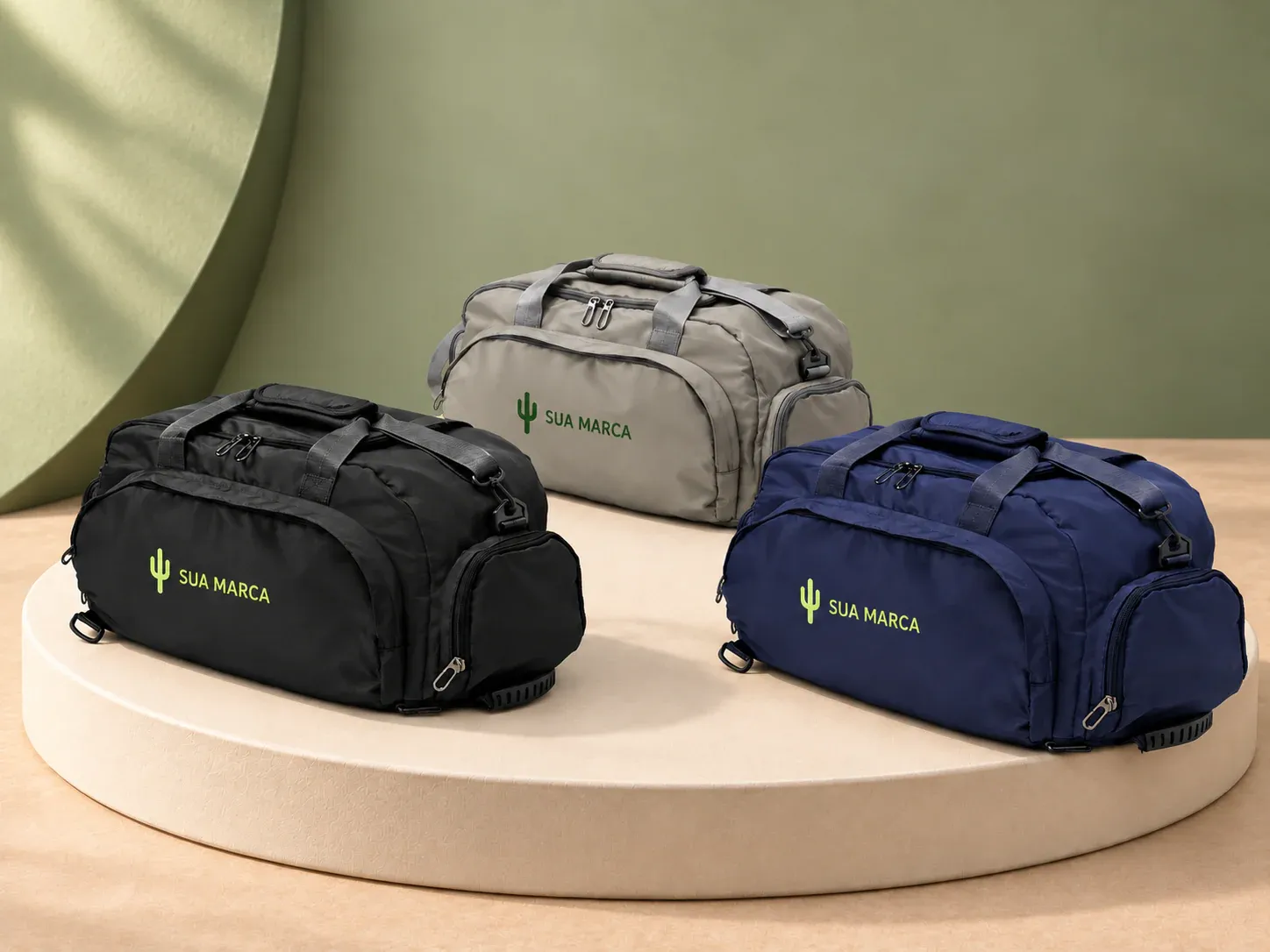 Bolsa esportiva poliéster 28 L, com exemplo de personalização colorida: um cacto e o texto “SUA MARCA” impressos em cor