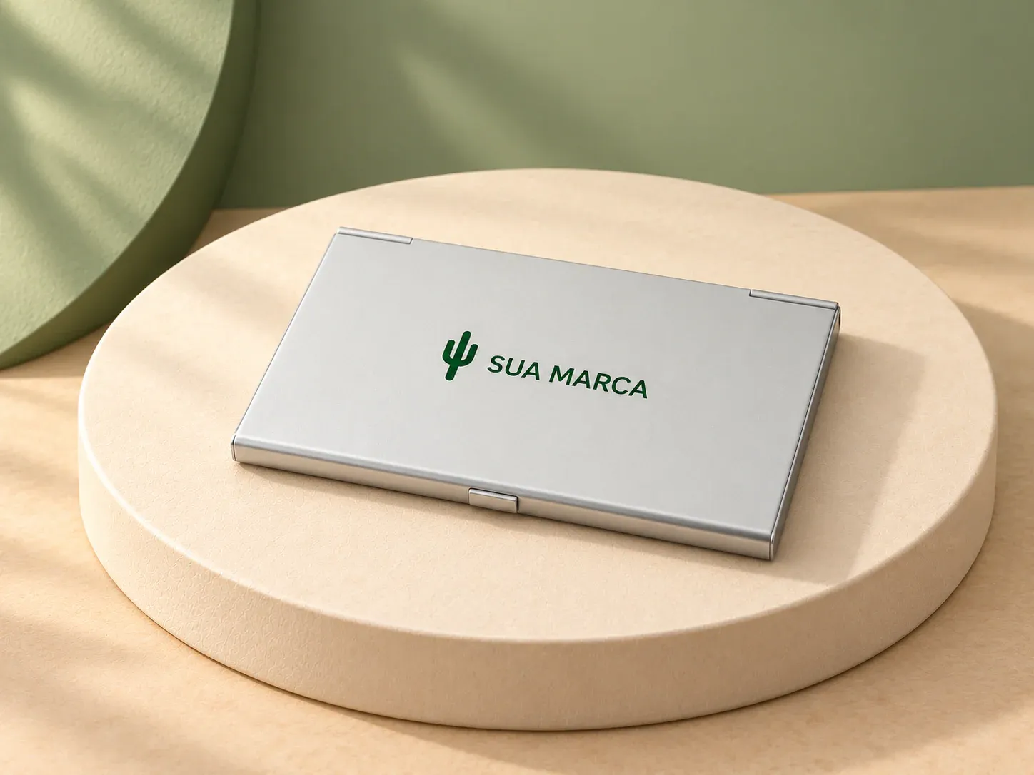 Porta cartão em alumínio fosco, com exemplo de personalização colorida: um cacto e o texto “SUA MARCA” impressos em cor
