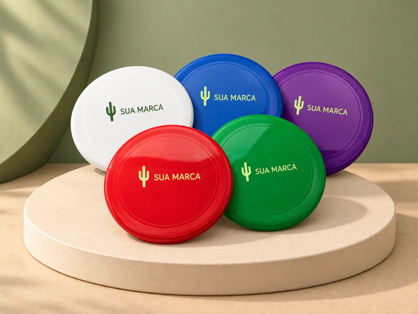 Frisbee plástico, com exemplo de personalização colorida: um cacto e o texto “SUA MARCA” impressos em cor