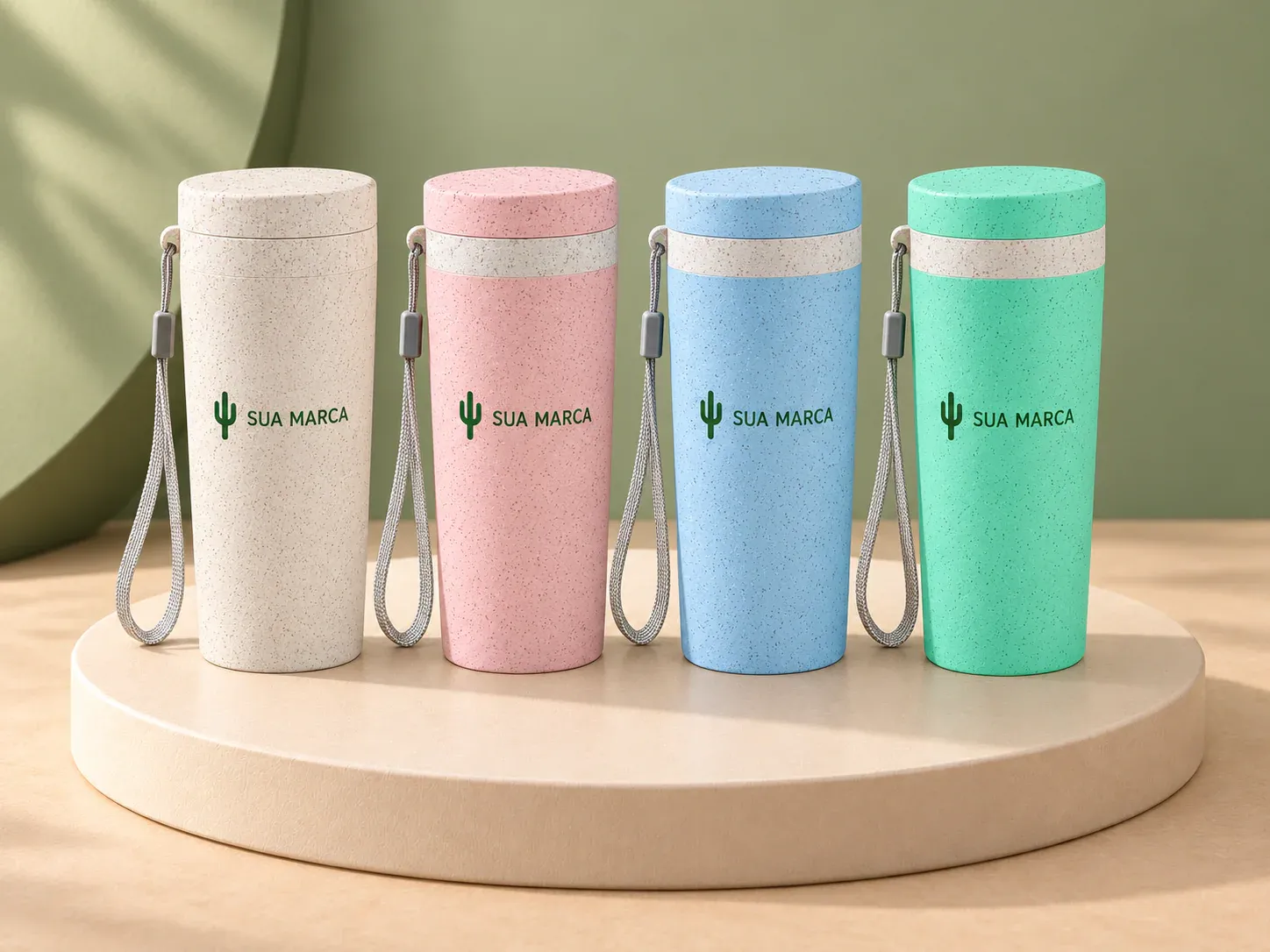 Copo fibra de bambu 350 ml, com exemplo de personalização colorida: um cacto e o texto “SUA MARCA” impressos em cor