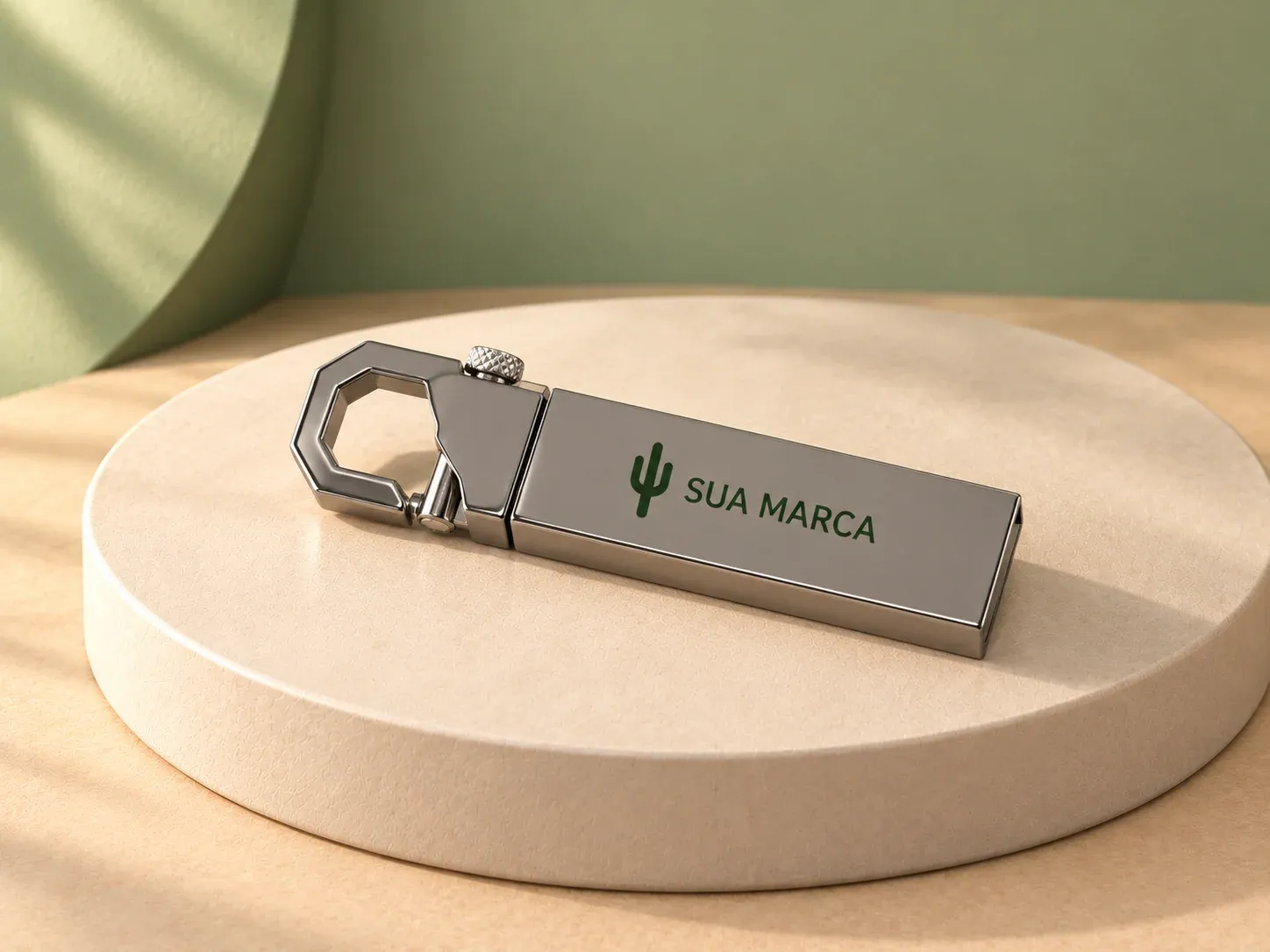Pen drive gancho 4 GB em metal, com exemplo de personalização colorida: um cacto e o texto “SUA MARCA” impressos em cor