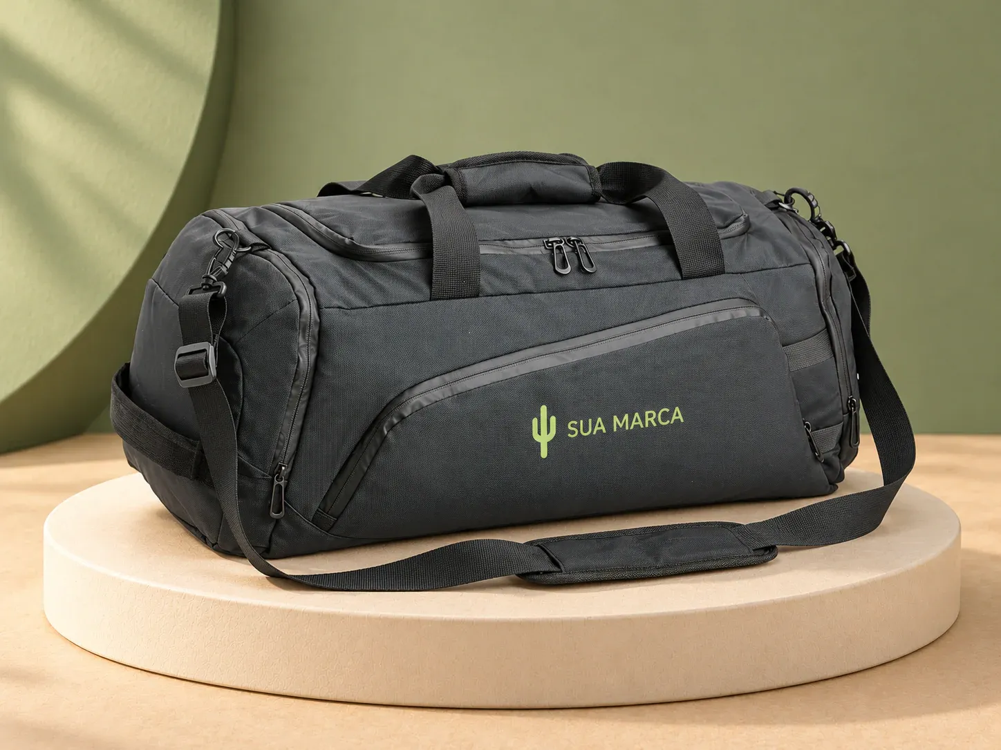 Bolsa em couro sintético 35 L, com exemplo de personalização colorida: um cacto e o texto “SUA MARCA” impressos em cor