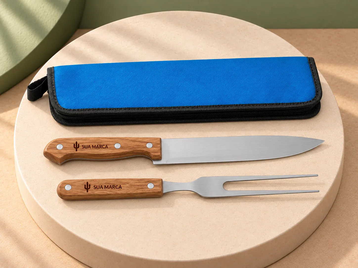 Kit churrasco com 2 utensílios em aço inox e madeira seringueira no estojo 210D, com exemplo de gravação a laser: um cacto e o texto “SUA MARCA” gravados