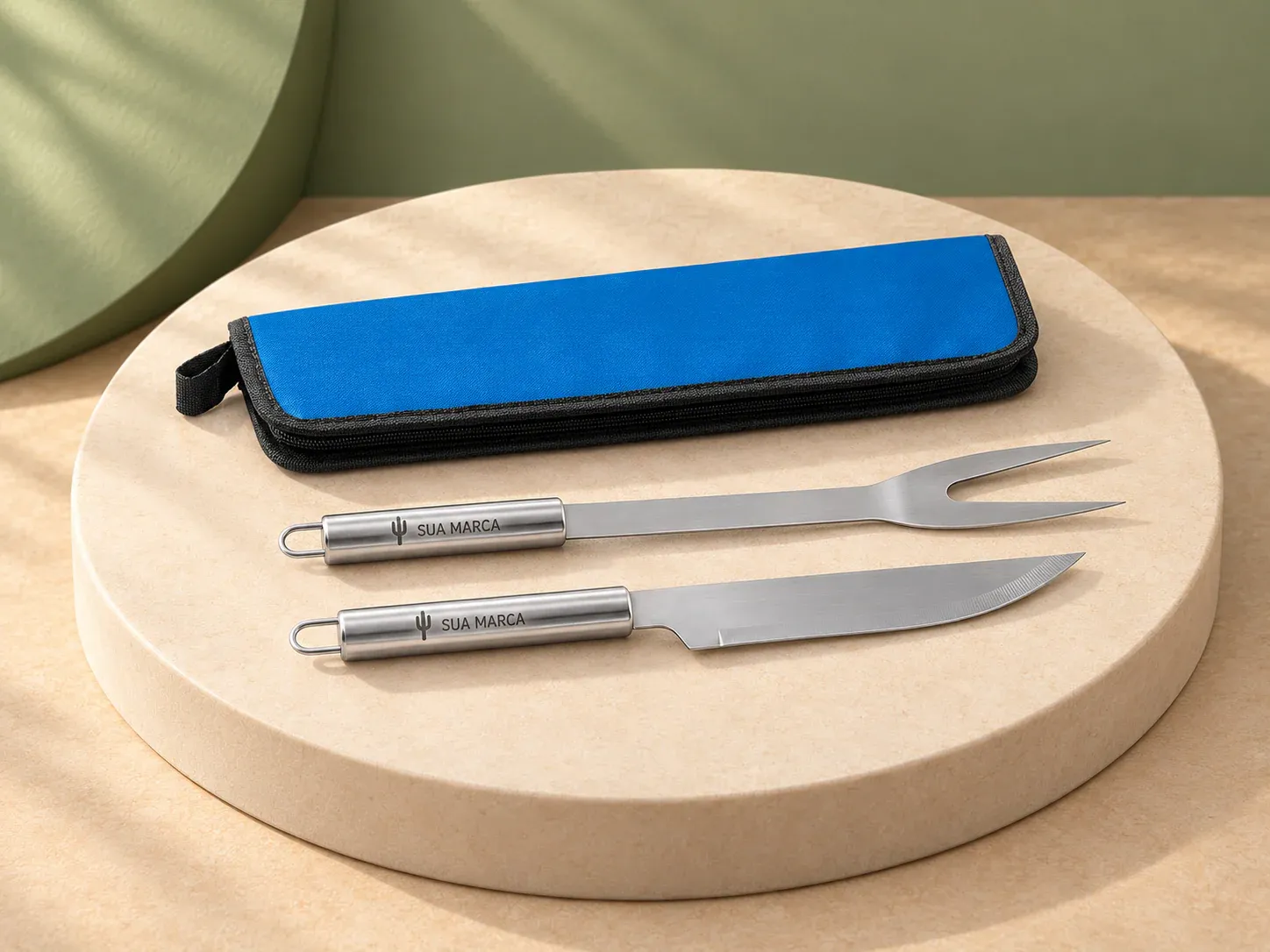 Kit churrasco com 2 utensílios em aço inox no estojo 210D, com exemplo de gravação a laser: um cacto e o texto “SUA MARCA” gravados