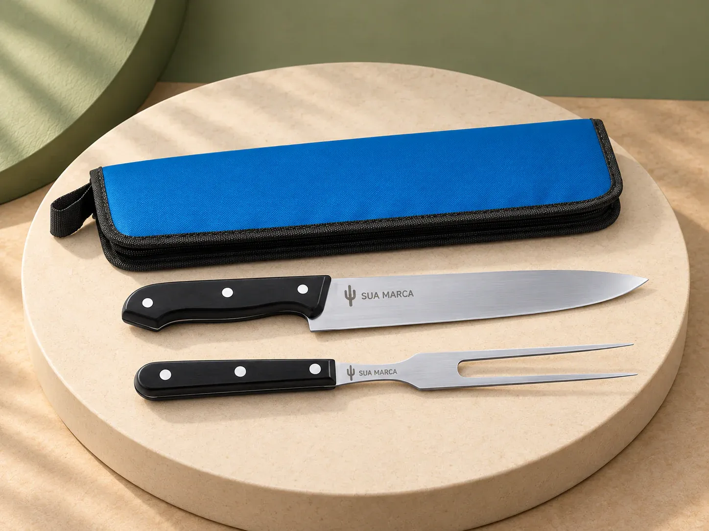 Kit churrasco com 2 utensílios em estojo 210D, com exemplo de gravação a laser: um cacto e o texto “SUA MARCA” gravados