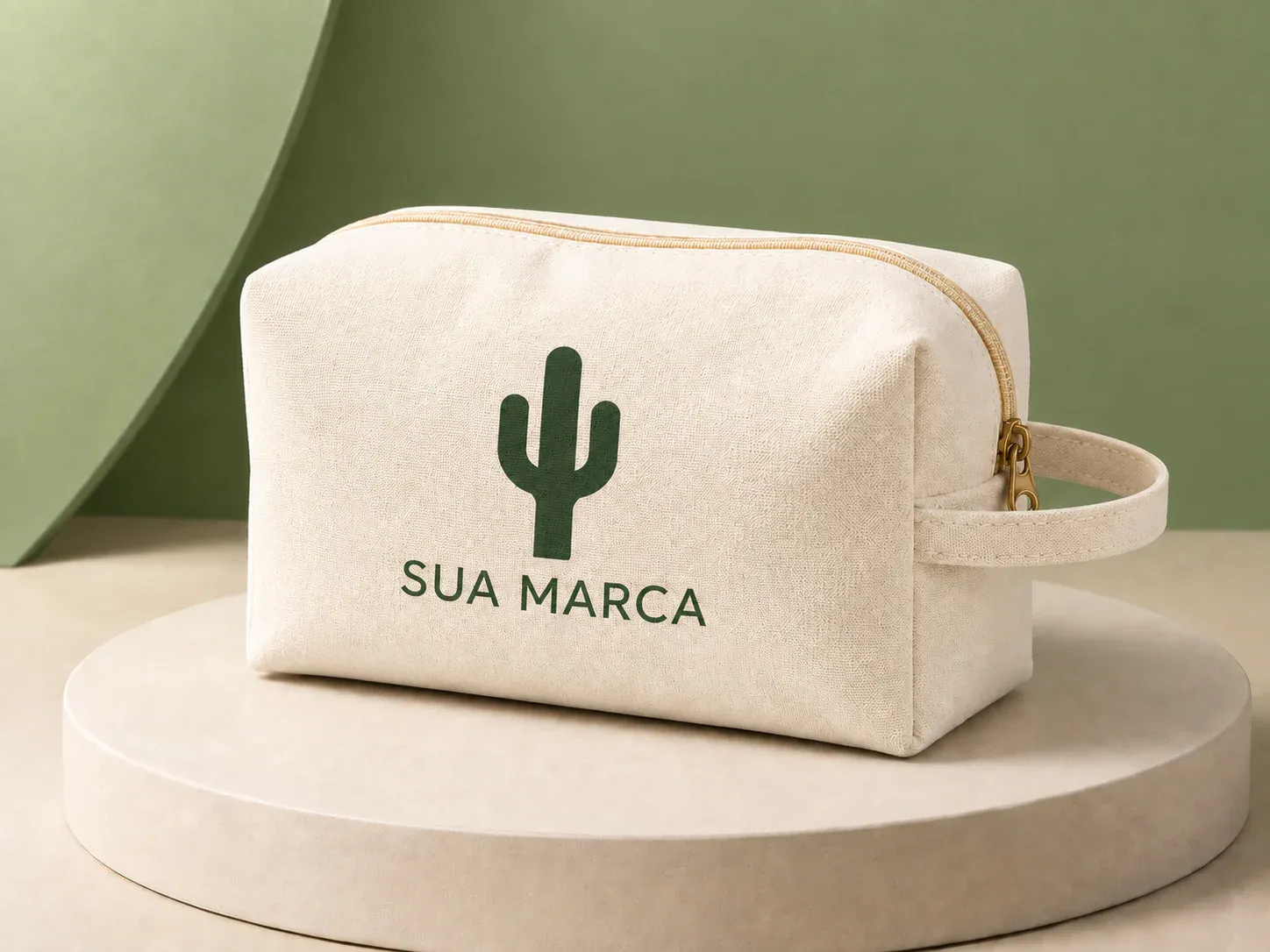 Necessaire cru com zíper dourado, com exemplo de personalização colorida: um cacto e o texto “SUA MARCA” impressos em cor