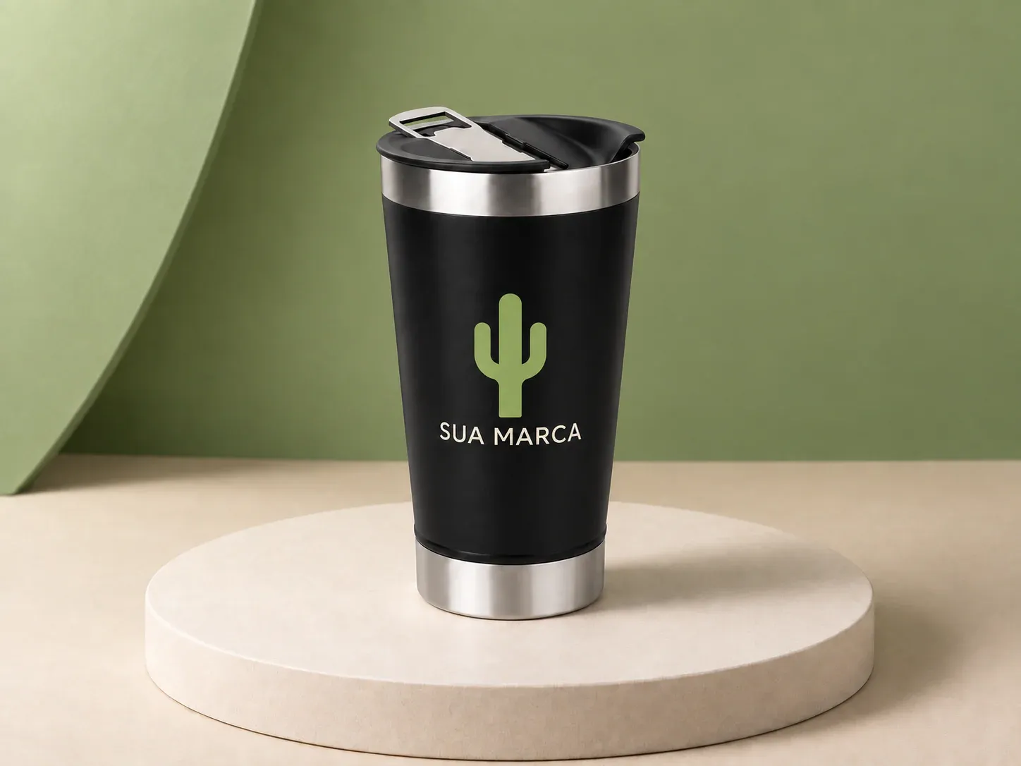 Copo inox 473 ml, com exemplo de personalização colorida: um cacto e o texto “SUA MARCA” impressos em cor