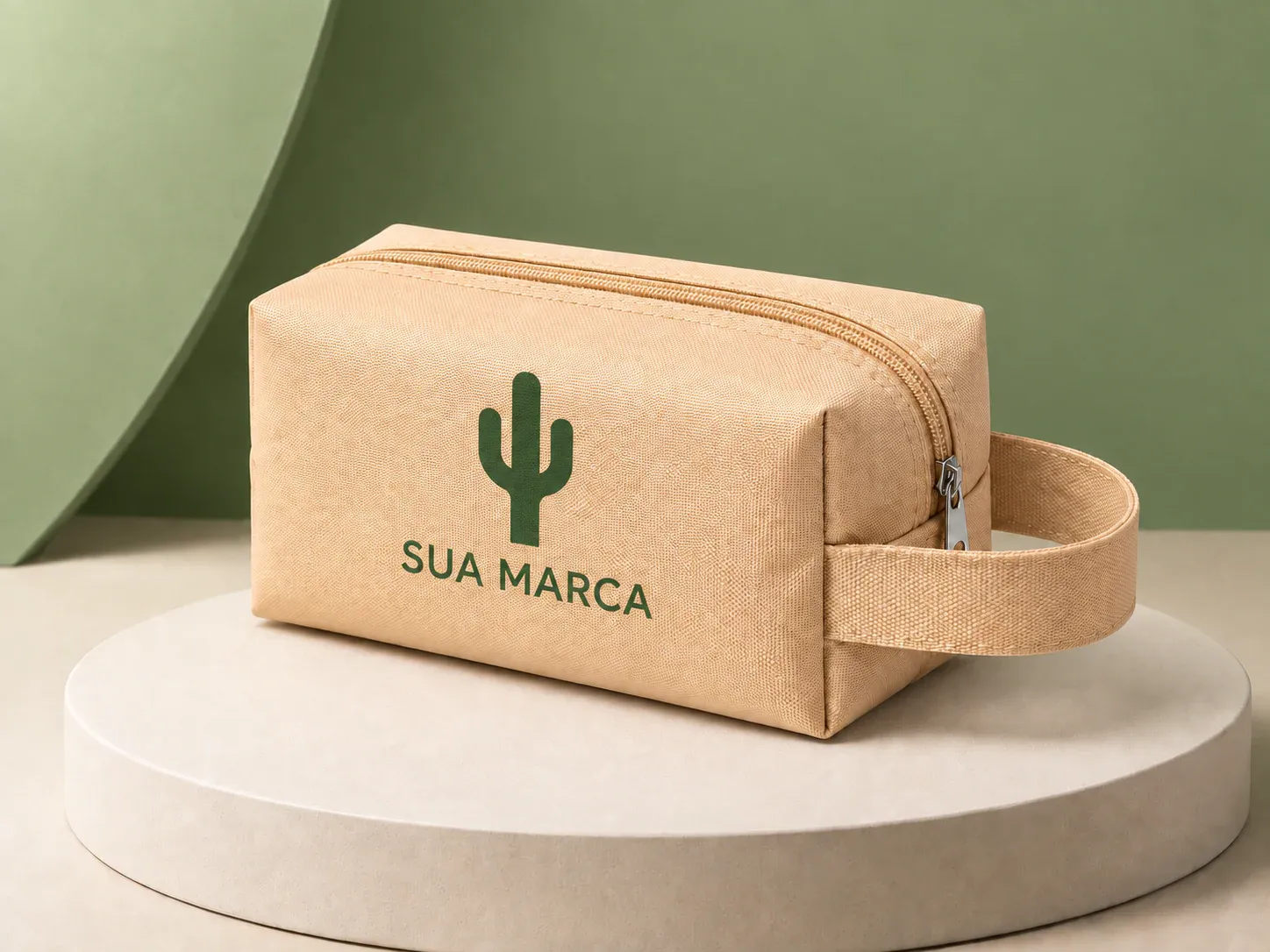 Necessaire com alça lateral, com exemplo de personalização colorida: um cacto e o texto “SUA MARCA” impressos em cor