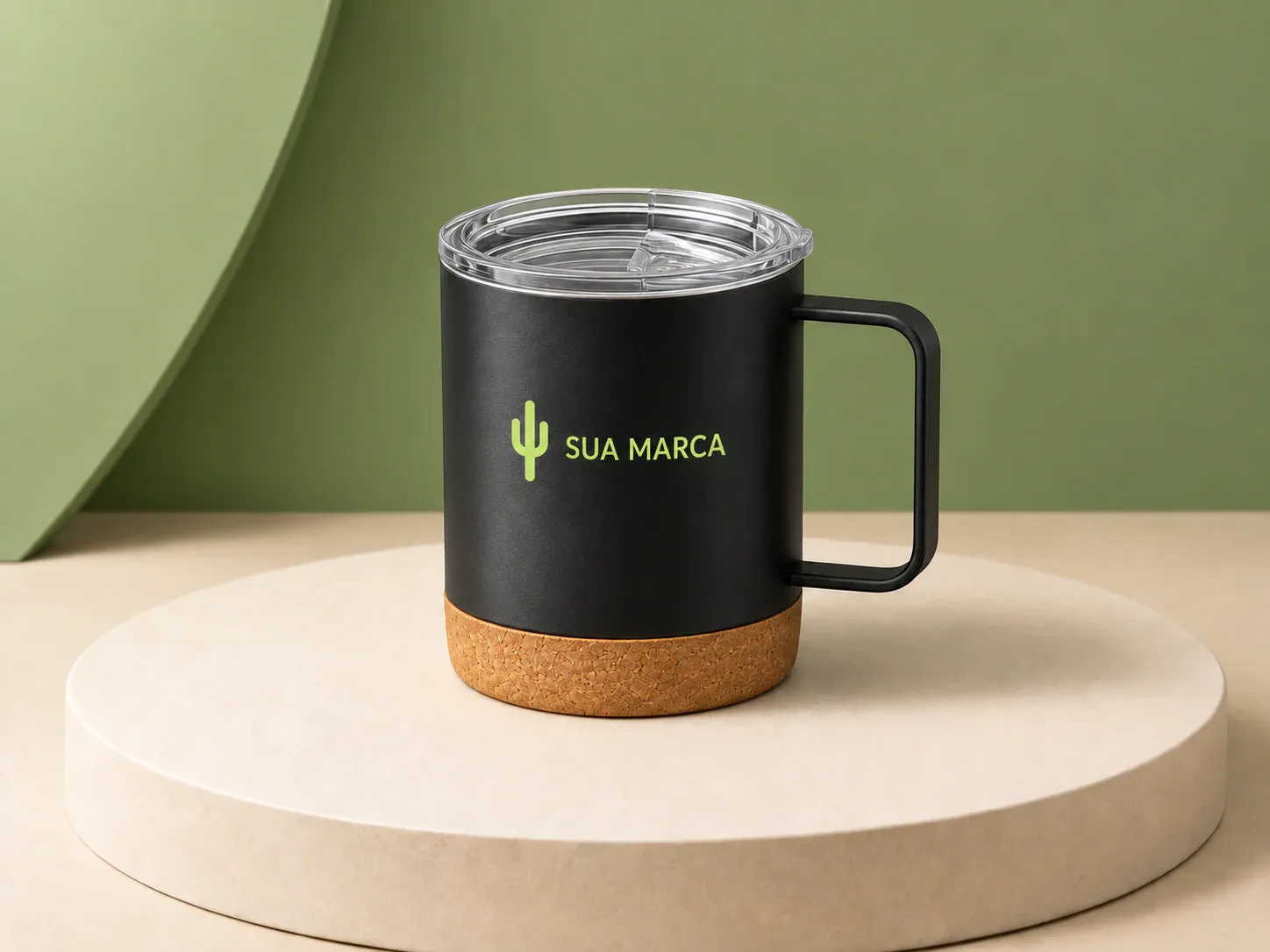 Caneca térmica 400 ml com fundo de cortiça, com exemplo de personalização colorida: um cacto e o texto “SUA MARCA” impressos em cor