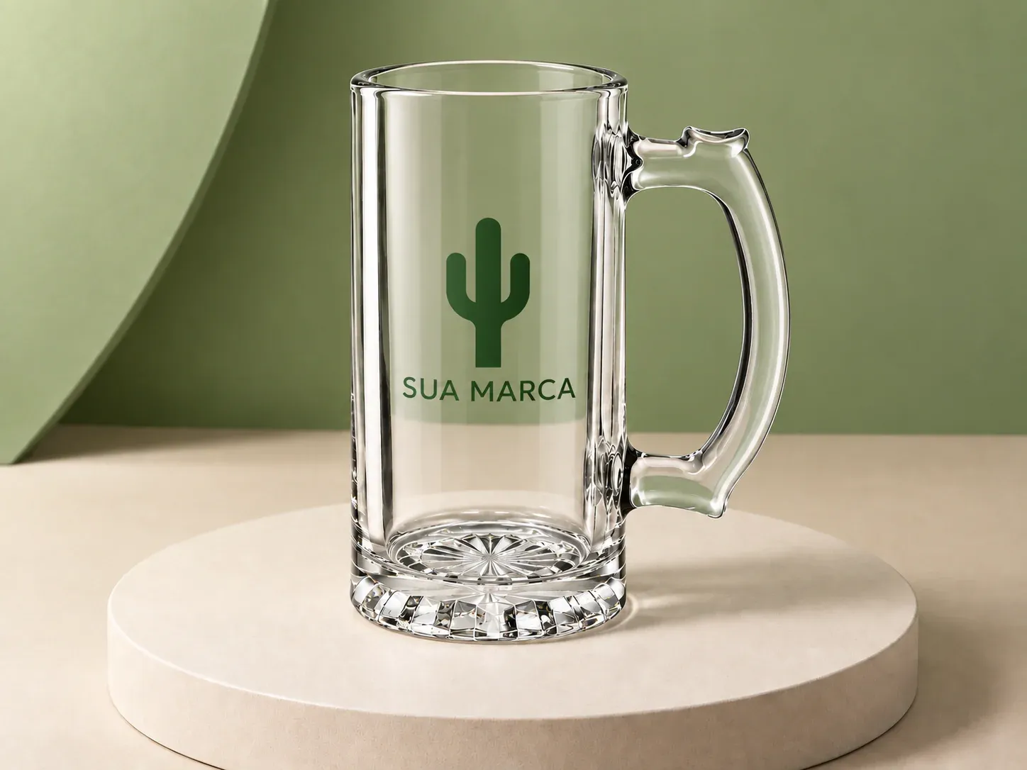 Caneca de chope de vidro 460 ml, com exemplo de personalização colorida: um cacto e o texto “SUA MARCA” impressos em cor