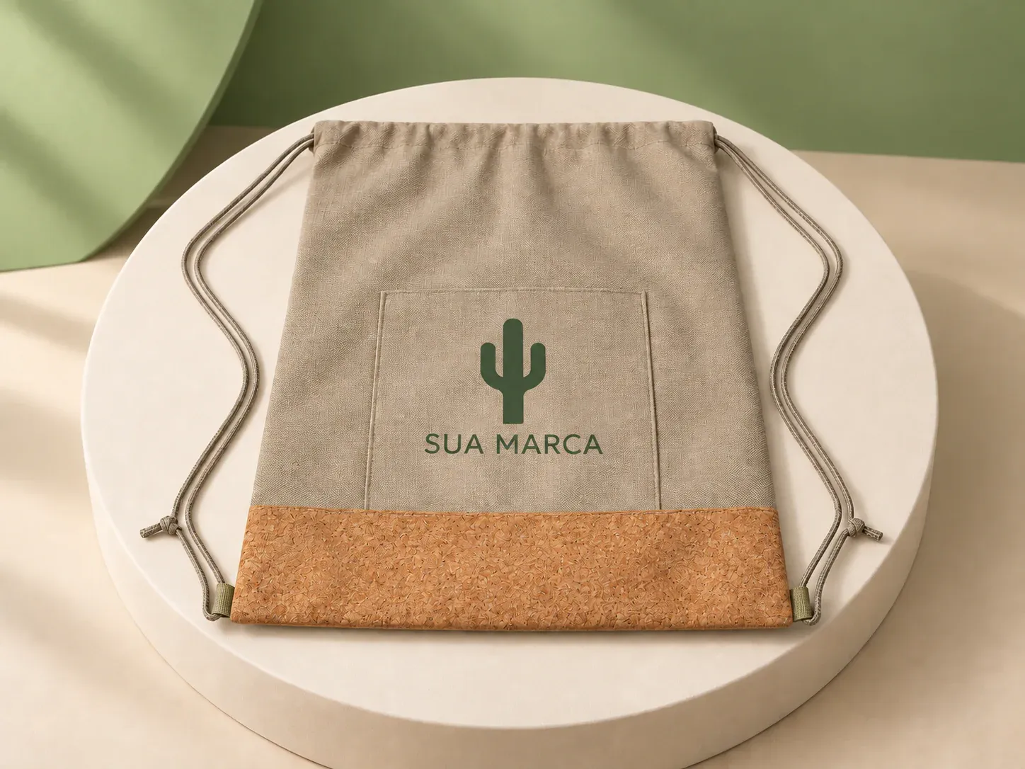Mochila saco com bolso e base de cortiça, com exemplo de personalização colorida: um cacto e o texto “SUA MARCA” impressos em cor