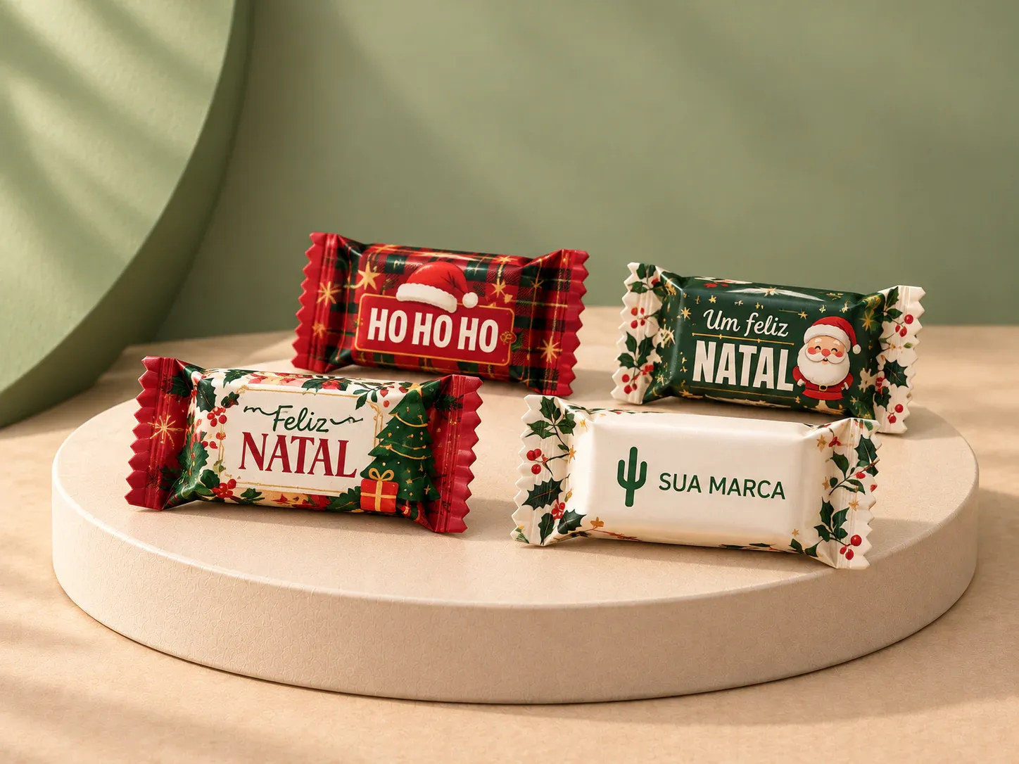 Balas natalinas personalizadas, com exemplo de personalização colorida: um cacto e o texto “SUA MARCA” impressos em cor