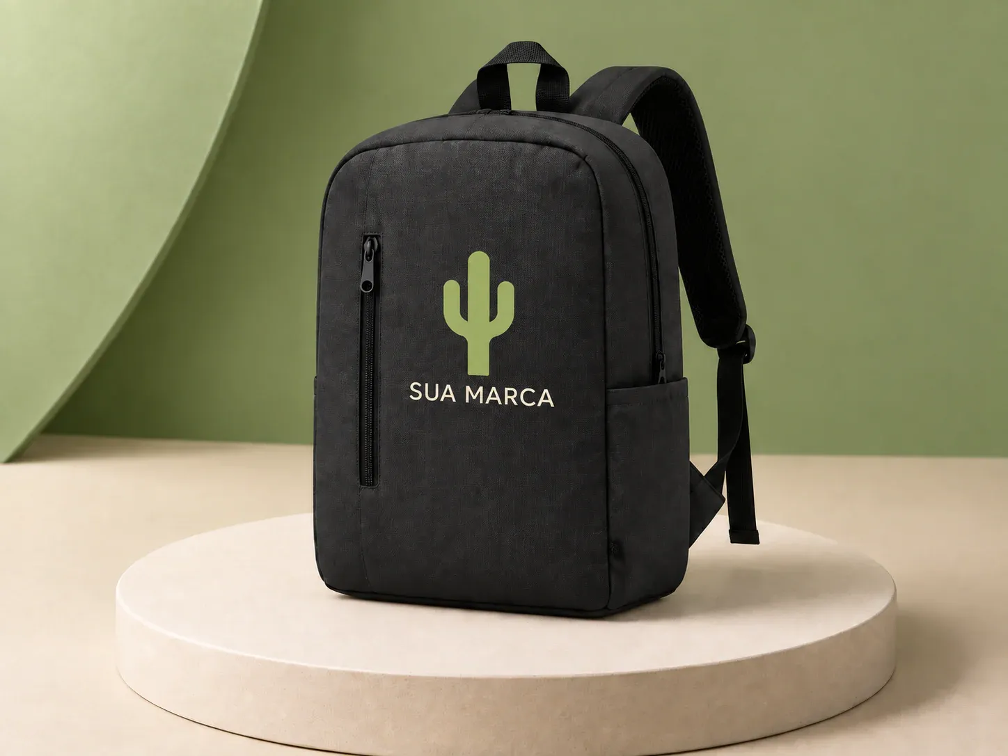 Mochila com bolso de zíper vertical, com exemplo de personalização colorida: um cacto e o texto “SUA MARCA” impressos em cor