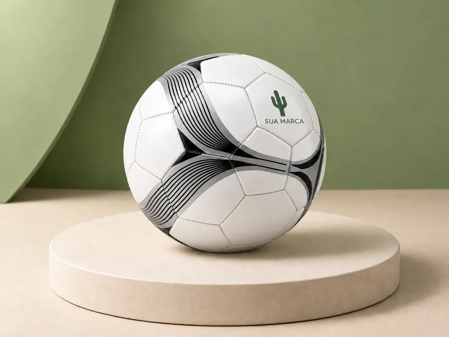 Bola de futebol, com exemplo de personalização colorida: um cacto e o texto “SUA MARCA” impressos em cor