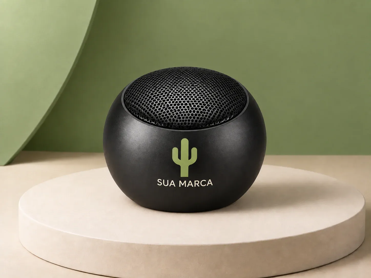 Mini caixa de som bluetooth esférica, com exemplo de personalização colorida: um cacto e o texto “SUA MARCA” impressos em cor