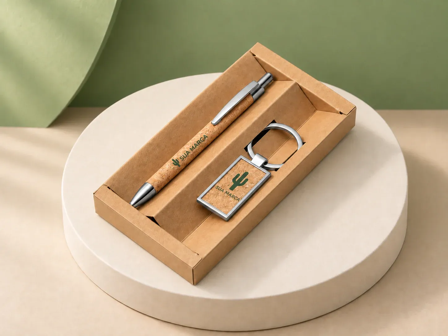 Kit caneta e chaveiro de cortiça, com exemplo de personalização colorida: um cacto e o texto “SUA MARCA” impressos em cor