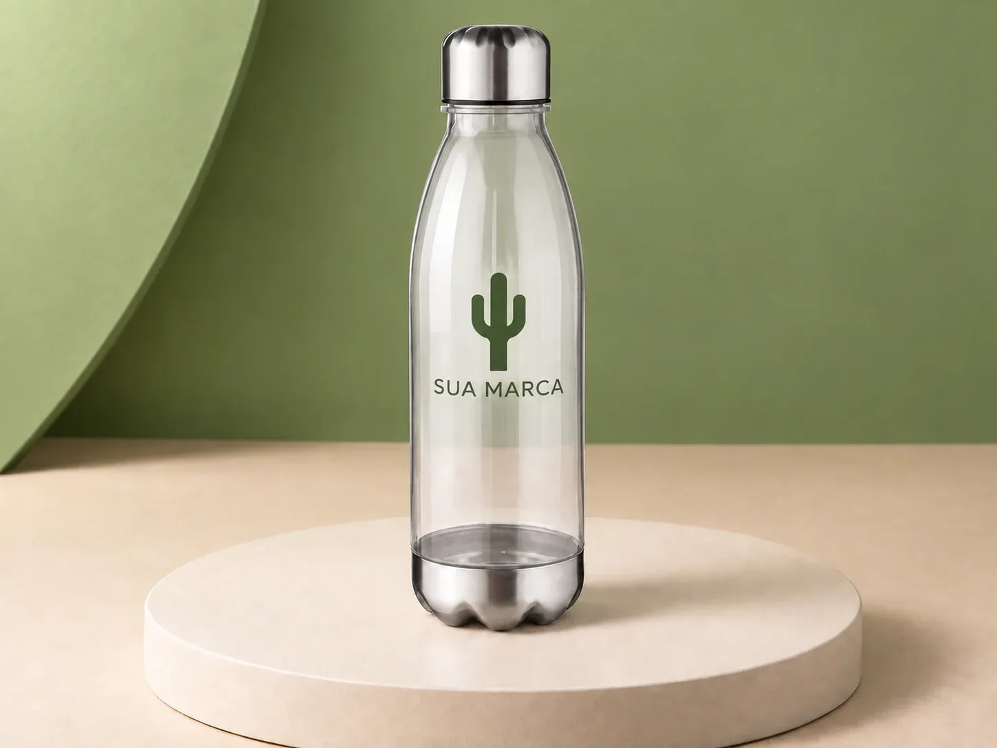 Garrafa 700 ml com tampa e base metálicas, com exemplo de personalização colorida: um cacto e o texto “SUA MARCA” impressos em cor
