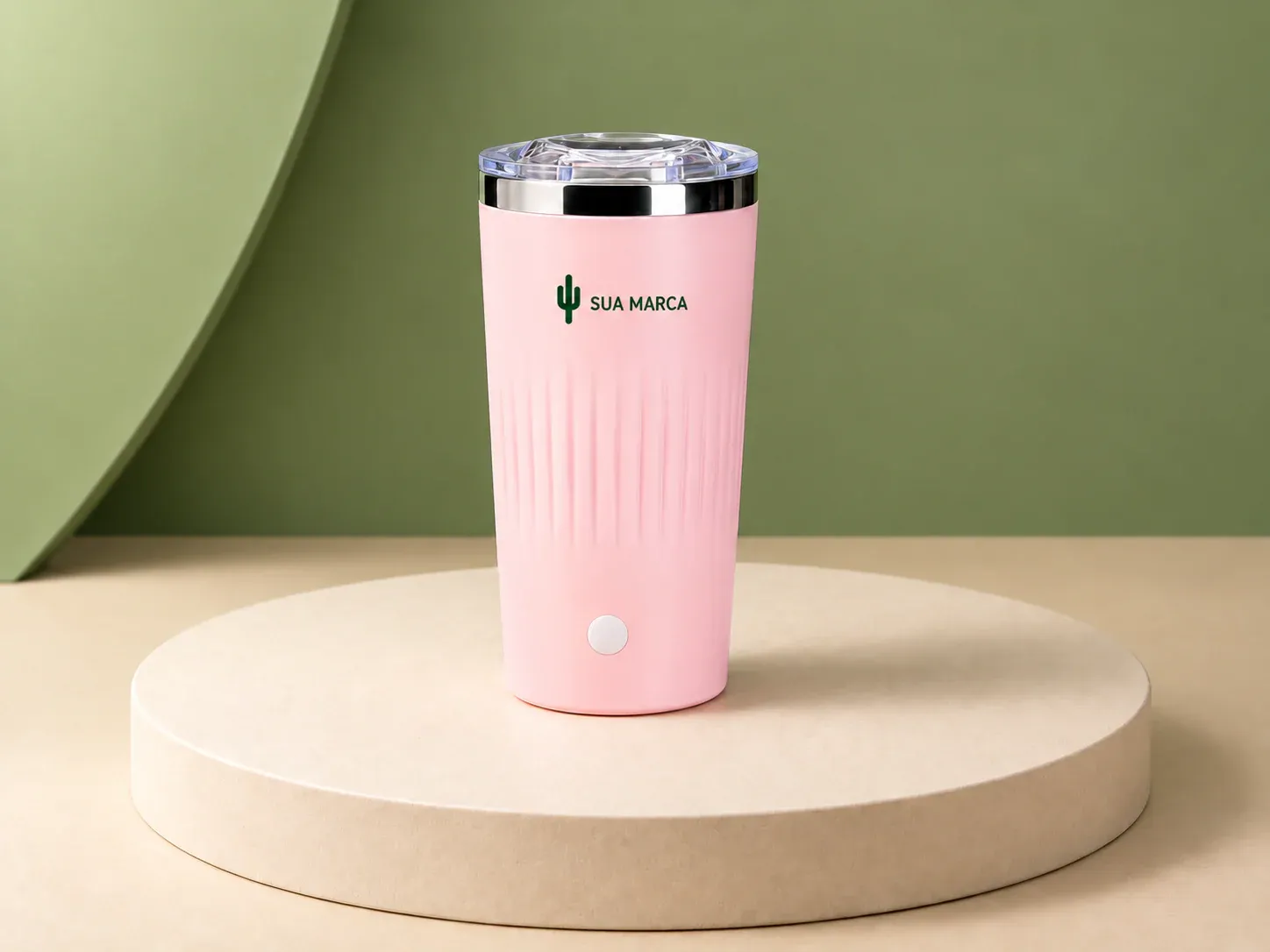 Copo com misturador 450 ml, com exemplo de personalização colorida: um cacto e o texto “SUA MARCA” impressos em cor
