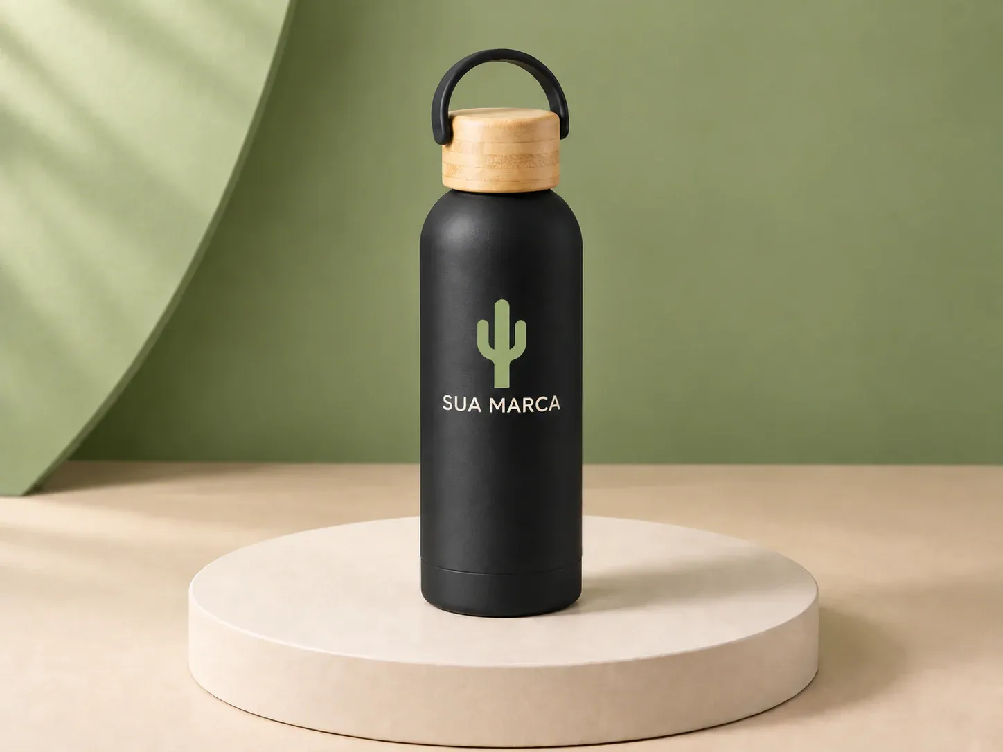 Garrafa inox 500 ml com tampa de bambu, com exemplo de personalização colorida: um cacto e o texto “SUA MARCA” impressos em cor