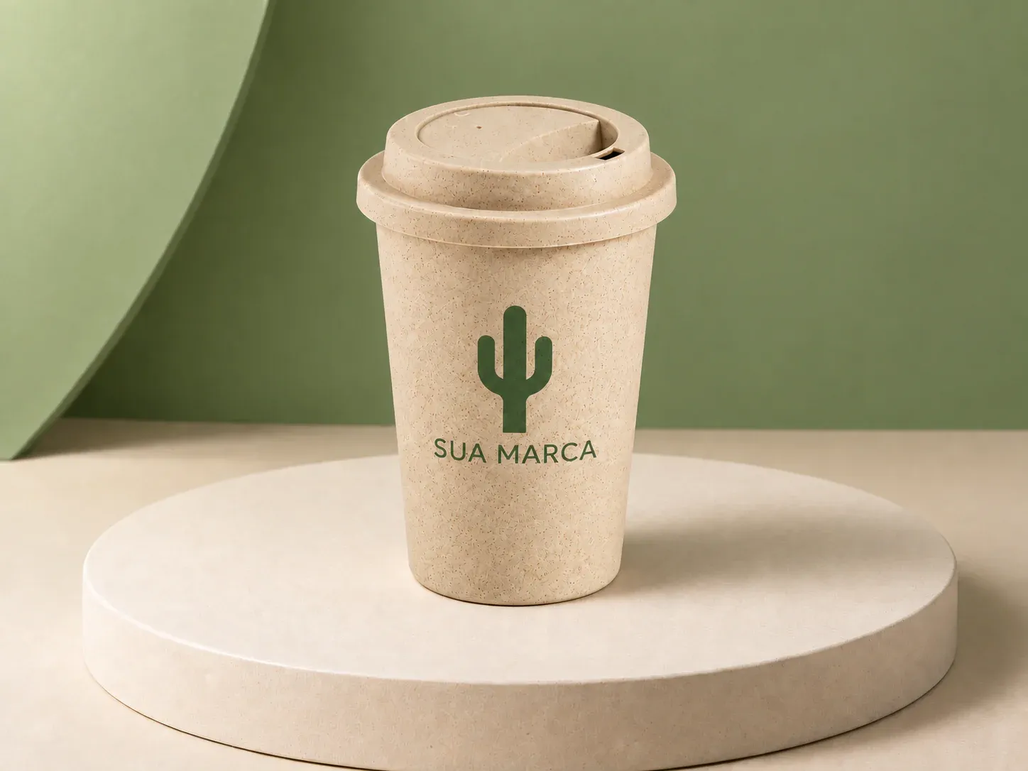 Copo de fibra de bambu 450 ml com tampa, com exemplo de personalização colorida: um cacto e o texto “SUA MARCA” impressos em cor