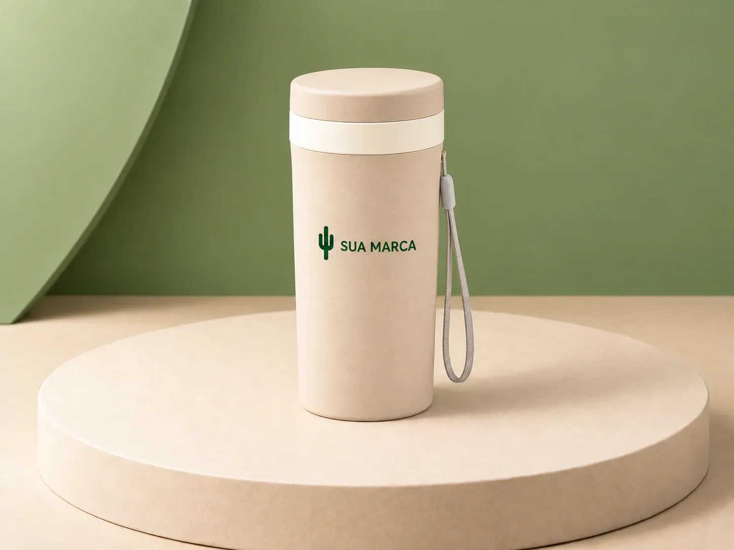 Copo fibra de bambu 350 ml, com exemplo de personalização colorida: um cacto e o texto “SUA MARCA” impressos em cor