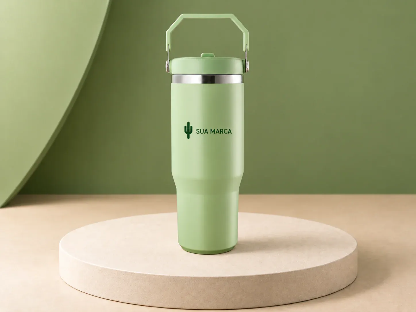 Copo térmico inox 800 ml, com exemplo de personalização colorida: um cacto e o texto “SUA MARCA” impressos em cor