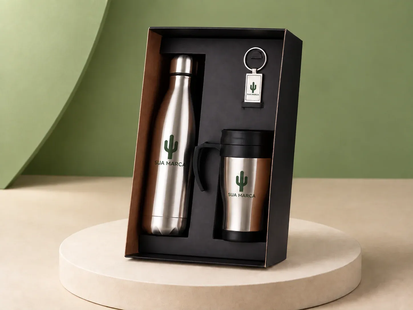 Kit com garrafa, caneca e chaveiro, com exemplo de personalização colorida: um cacto e o texto “SUA MARCA” impressos em cor