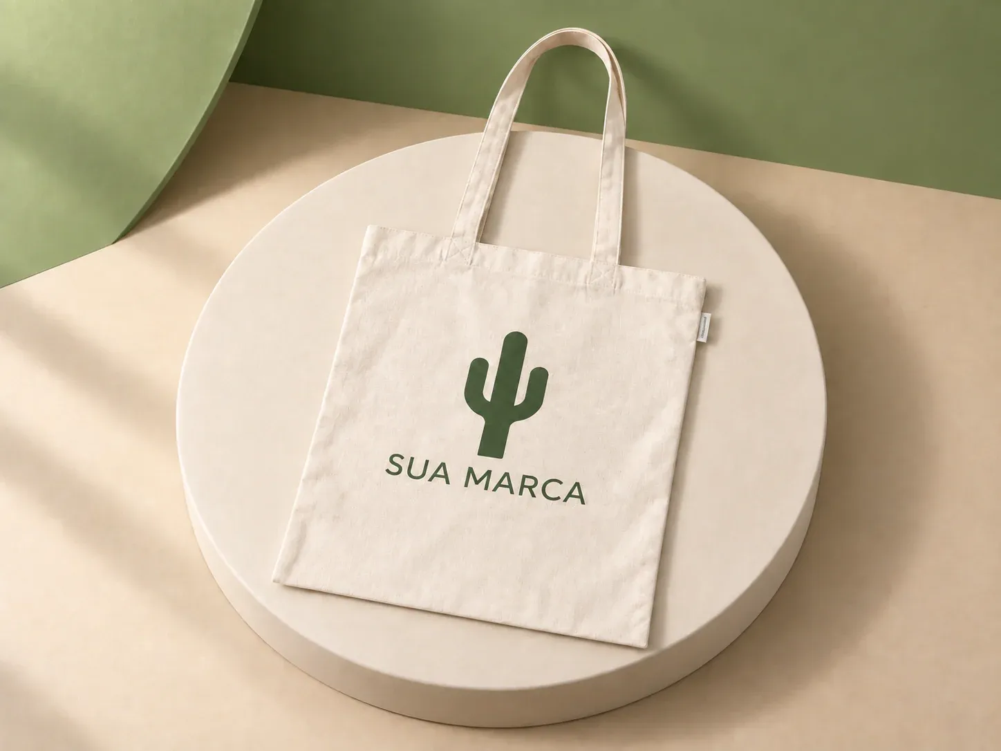Sacola de algodão reciclado 180 g/m², com exemplo de personalização colorida: um cacto e o texto “SUA MARCA” impressos em cor