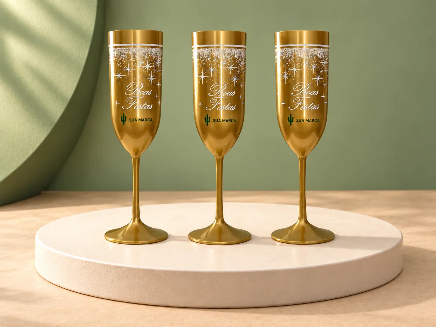 Taça dourada Boas Festas, com exemplo de personalização colorida: um cacto e o texto “SUA MARCA” impressos em cor