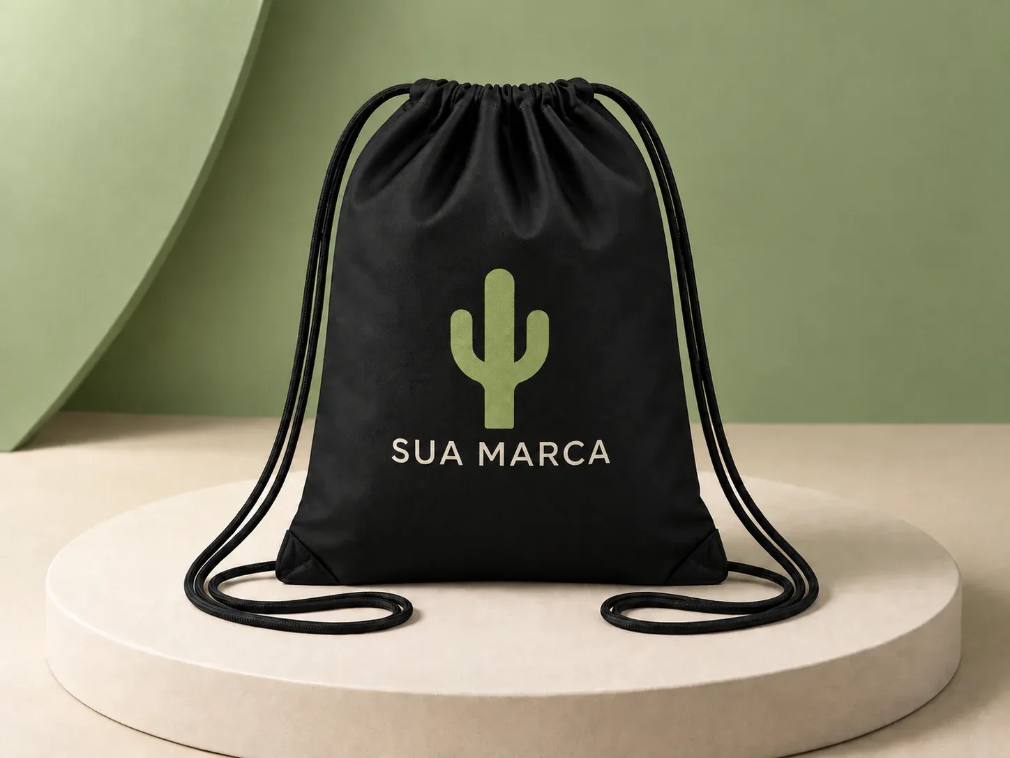 Mochila saco preta com cordões, com exemplo de personalização colorida: um cacto e o texto “SUA MARCA” impressos em cor