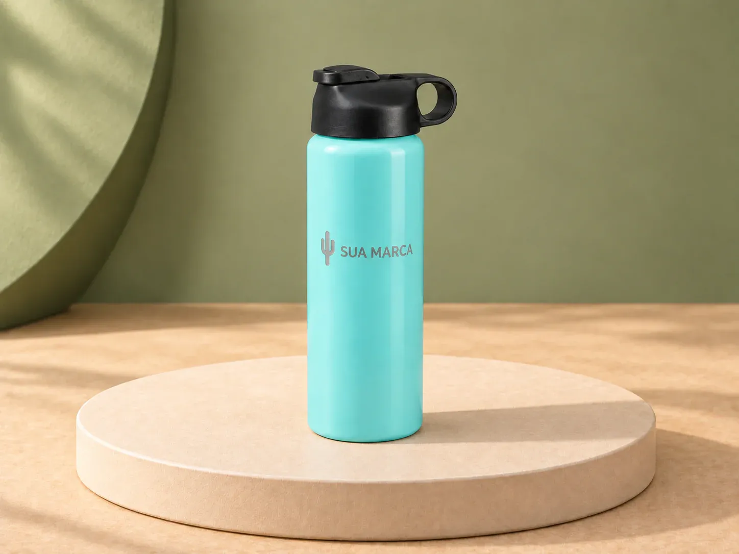 Squeeze de alumínio 800 ml com bico flip, com exemplo de gravação a laser: um cacto e o texto “SUA MARCA” gravados