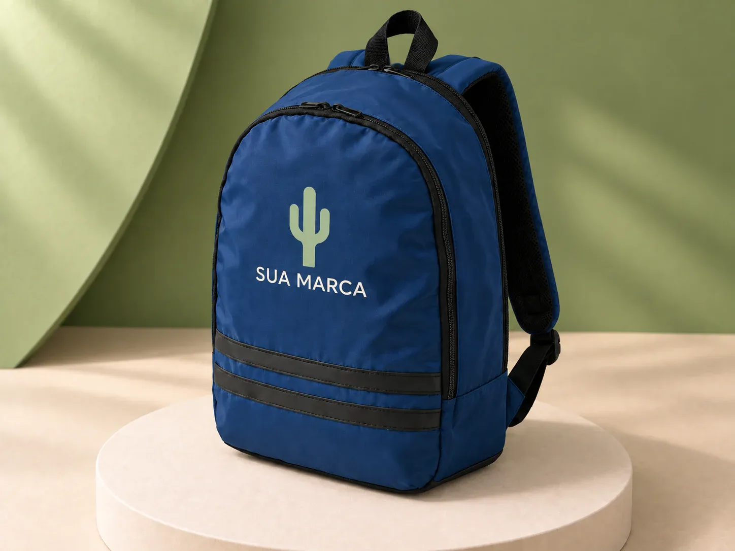 Mochila para notebook 15″ com faixas refletoras, com exemplo de personalização colorida, visto de outro ângulo