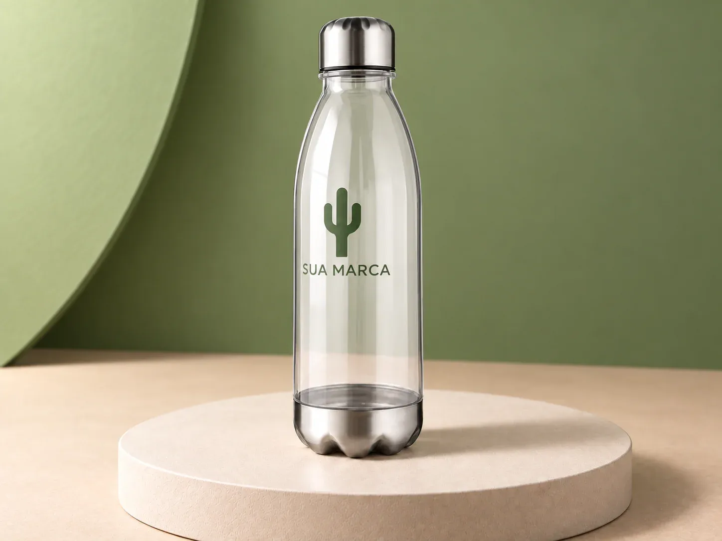 Garrafa 700 ml com tampa e base metálicas, com exemplo de personalização colorida, visto de outro ângulo
