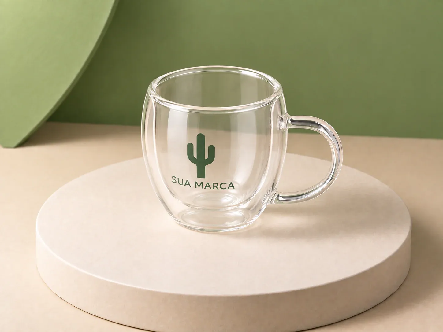 Caneca de vidro de parede dupla 150 ml, com exemplo de personalização colorida, visto de outro ângulo