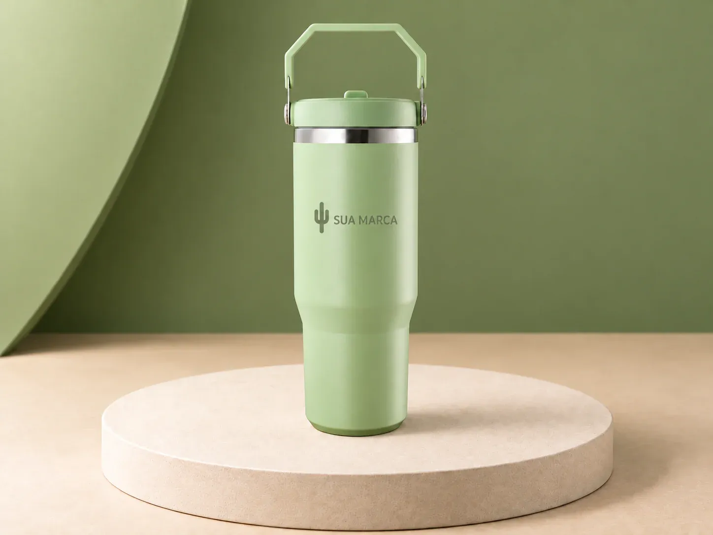 Copo térmico inox 800 ml, com exemplo de gravação a laser: um cacto e o texto “SUA MARCA” gravados