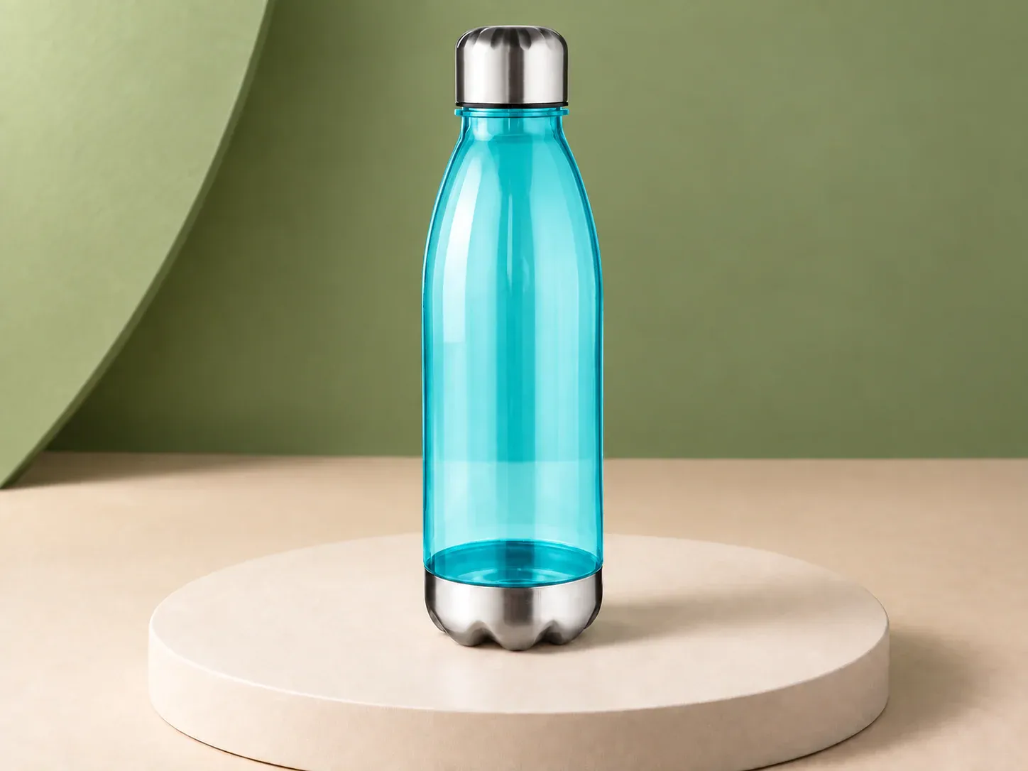 Garrafa 700 ml com tampa e base metálicas, na cor azul-turquesa