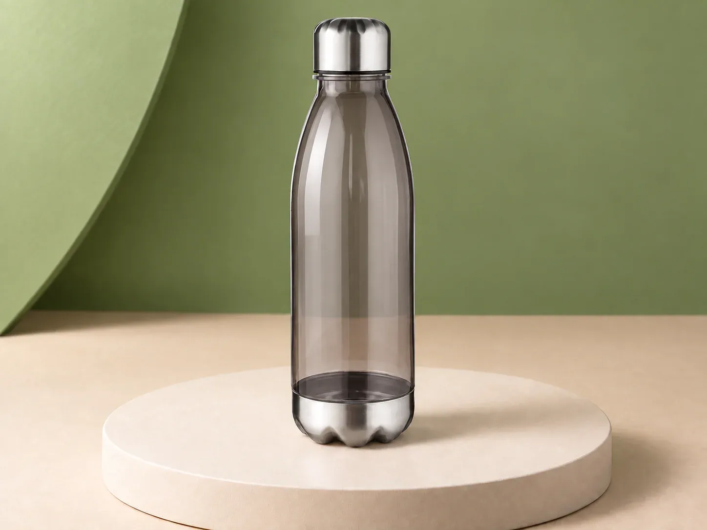 Garrafa 700 ml com tampa e base metálicas, na cor fumê