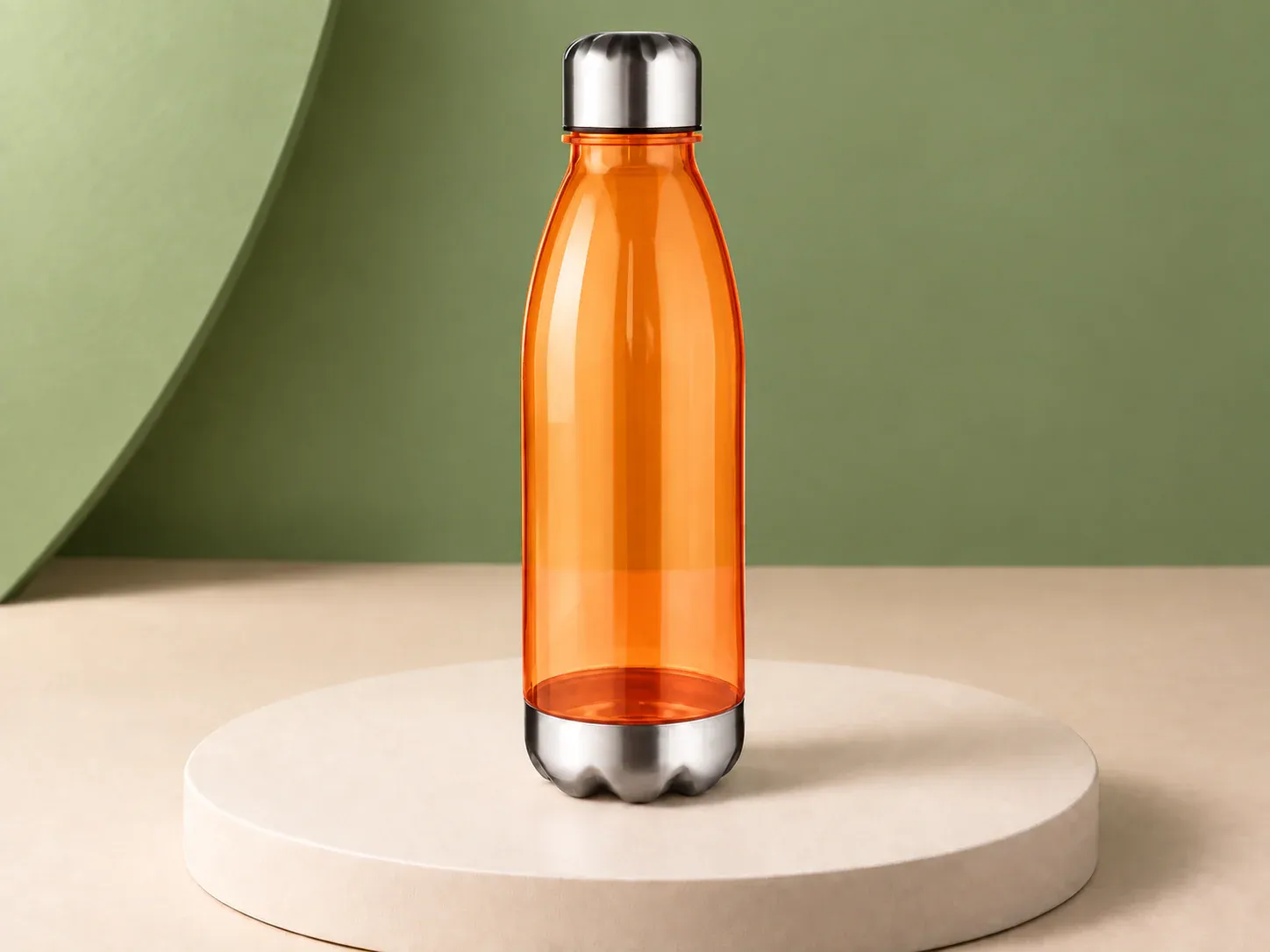Garrafa 700 ml com tampa e base metálicas, na cor laranja
