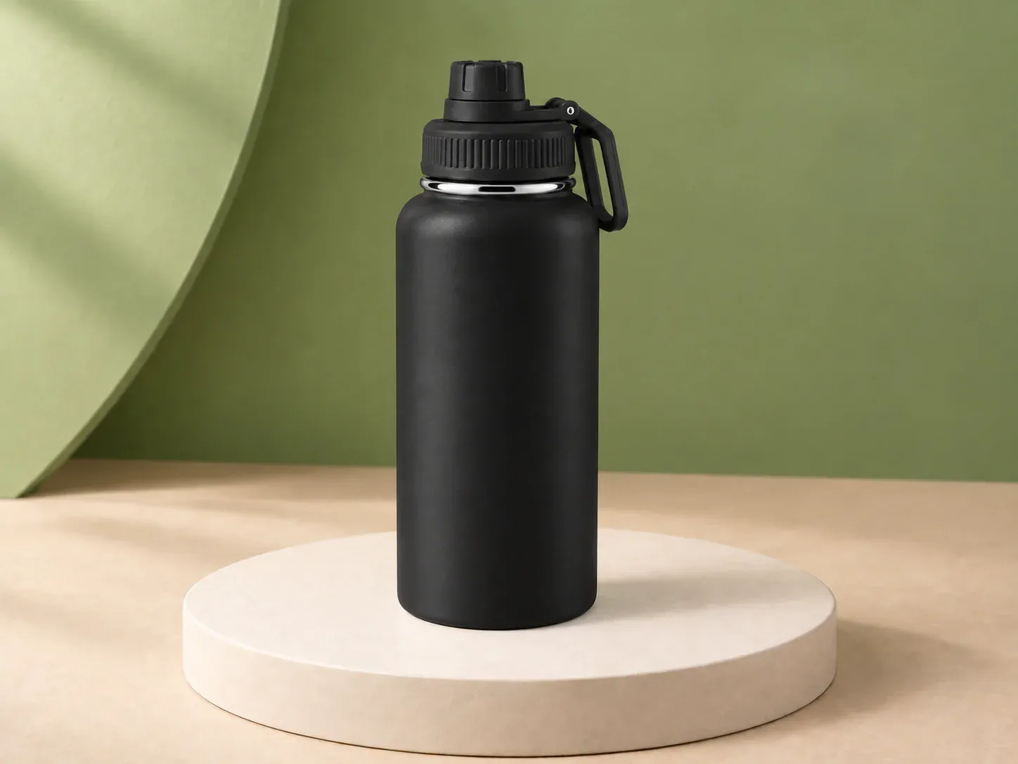 Garrafa térmica inox com tampa de bico, na cor preto