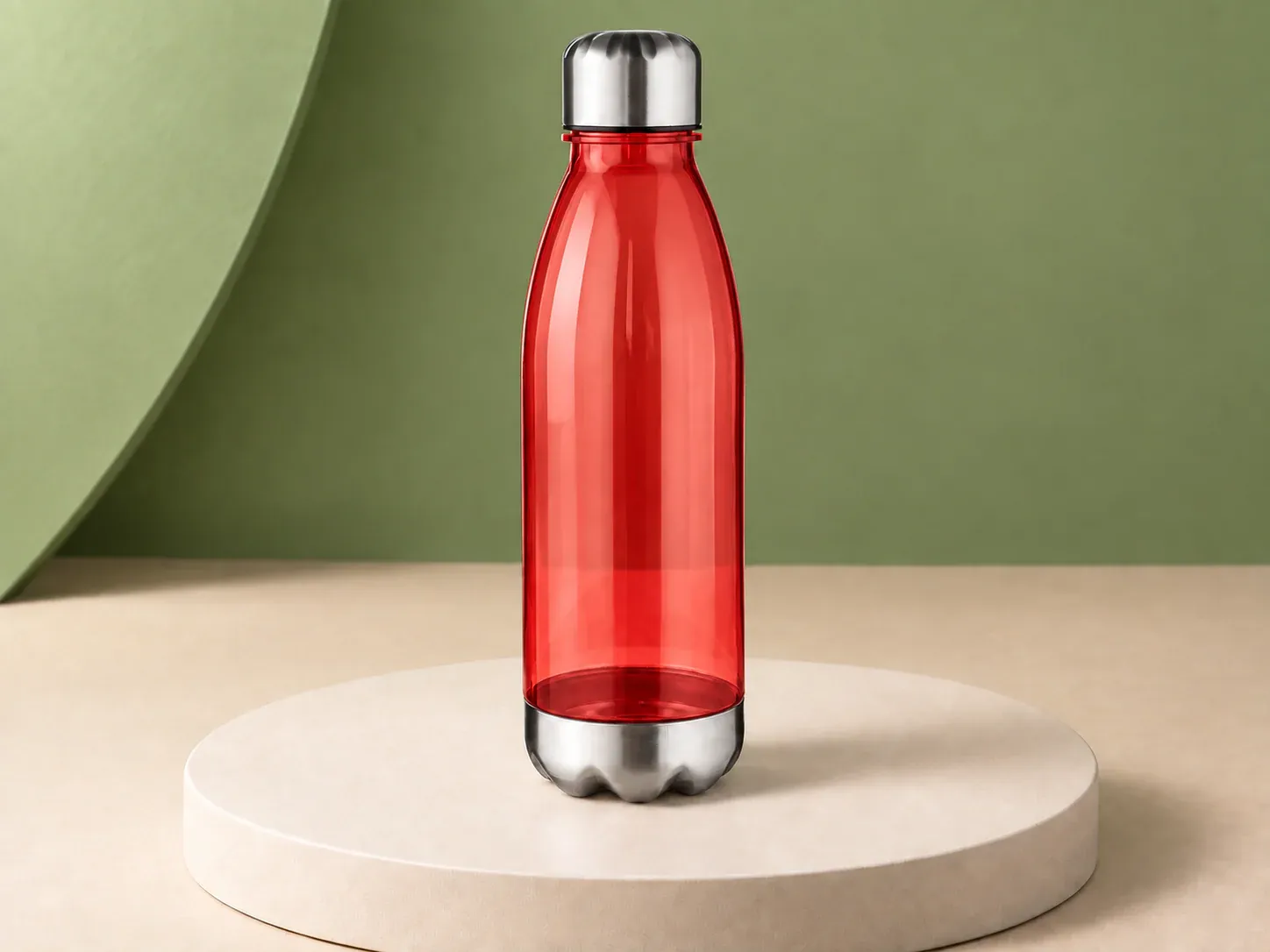 Garrafa 700 ml com tampa e base metálicas, na cor vermelho