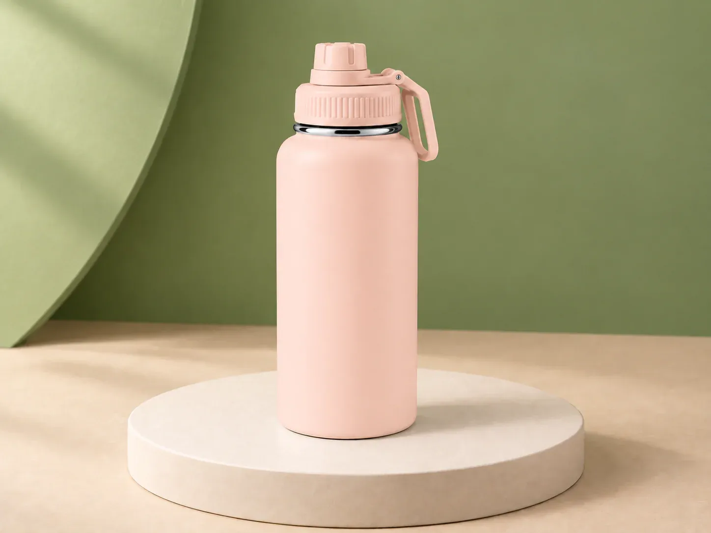 Garrafa térmica inox com tampa de bico, na cor rosa-claro