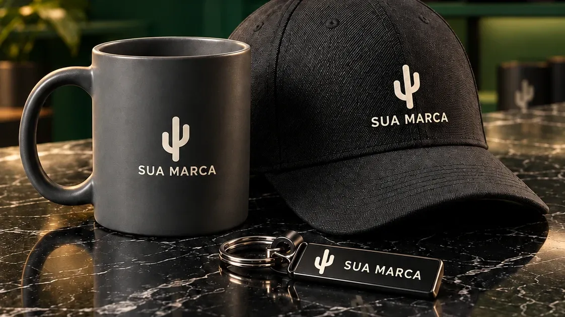 Caneca, boné e chaveiro com a marca de exemplo
