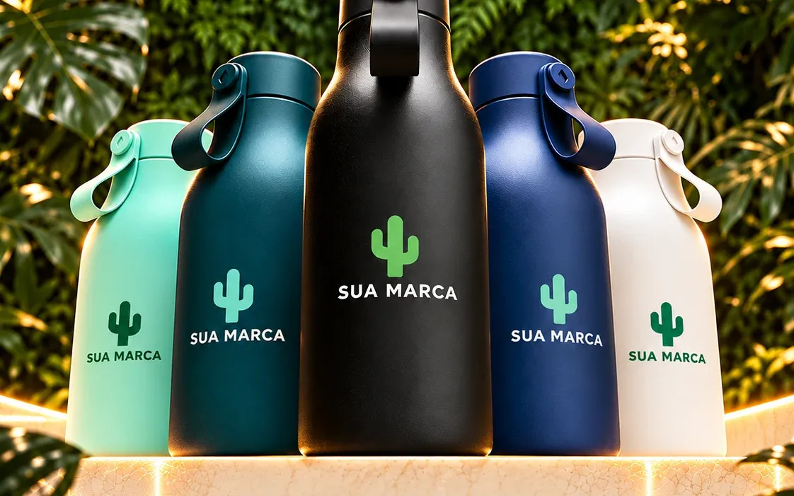 Cinco garrafas em cores diferentes, cada uma com a marca de exemplo