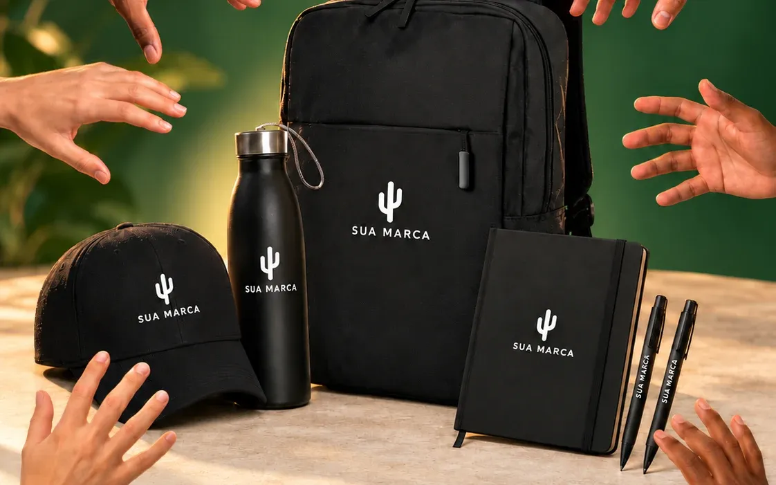 Kit com mochila, boné, garrafa, caderno e canetas, todos com a marca de exemplo